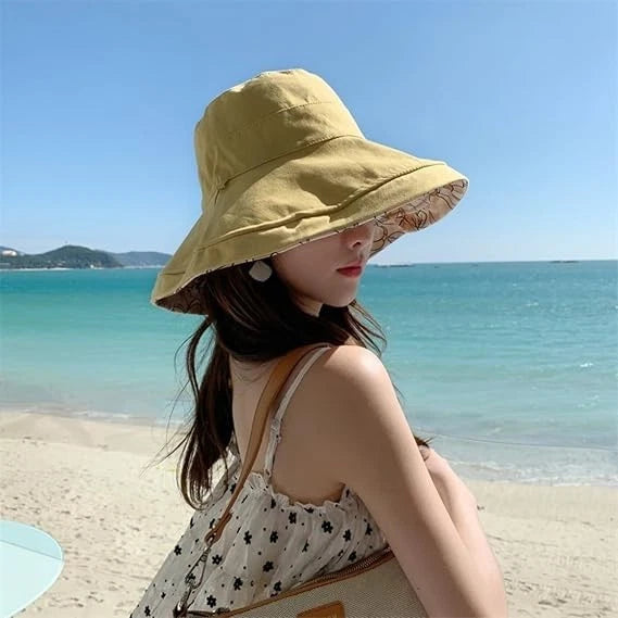 Reversible Yellow Bucket Hat Women UV Sun Protection Wide Brim- Summer Beach Travel