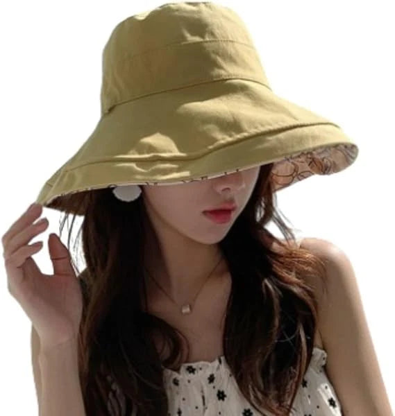 Reversible Yellow Bucket Hat Women UV Sun Protection Wide Brim- Summer Beach Travel