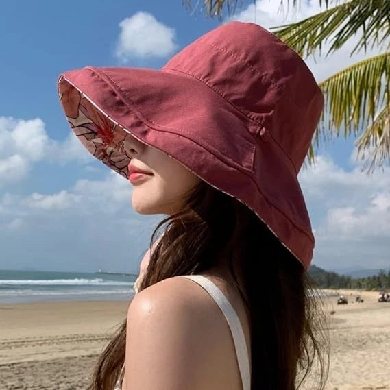 Reversible Red Wash Bucket Hat Women UV Sun Protection Wide Brim- Summer Beach Travel