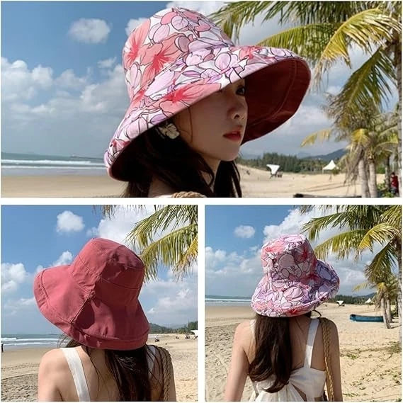 Reversible Red Wash Bucket Hat Women UV Sun Protection Wide Brim- Summer Beach Travel