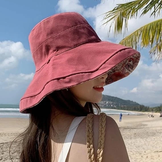 Reversible Red Wash Bucket Hat Women UV Sun Protection Wide Brim- Summer Beach Travel