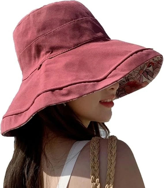 Reversible Red Wash Bucket Hat Women UV Sun Protection Wide Brim- Summer Beach Travel