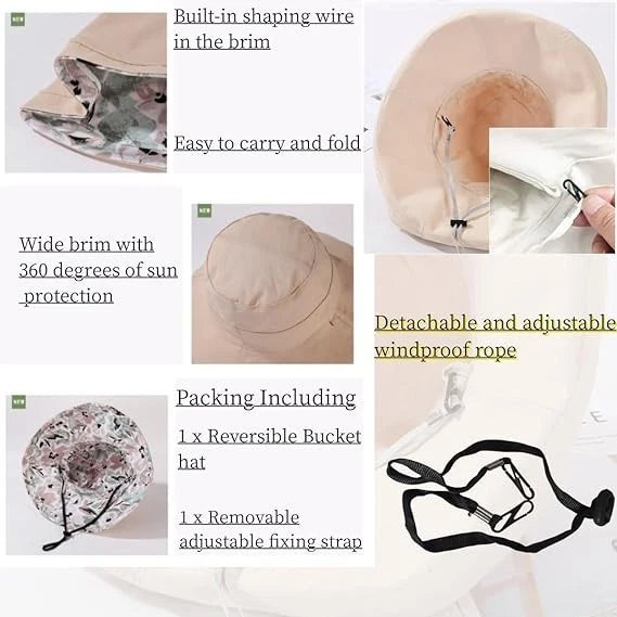 Reversible Red Wash Bucket Hat Women UV Sun Protection Wide Brim- Summer Beach Travel