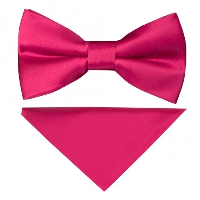 Men Satin Solid Color Pre-tied Tuxedo Bowtie with Pocket Square - Hot Pink