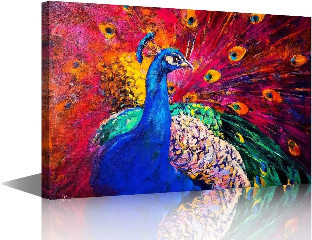 Colorful Peacocks Oil Paintings Wall Art Print on Canvas FRAMED - 40cm x 60cm