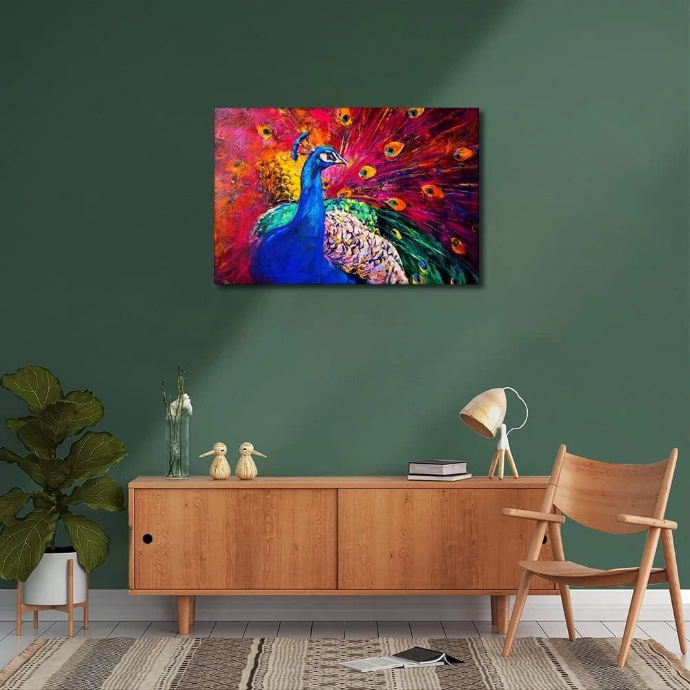 Colorful Peacocks Oil Paintings Wall Art Print on Canvas FRAMED - 40cm x 60cm