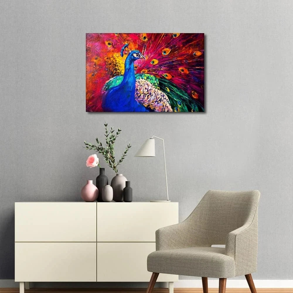 Colorful Peacocks Oil Paintings Wall Art Print on Canvas FRAMED - 40cm x 60cm