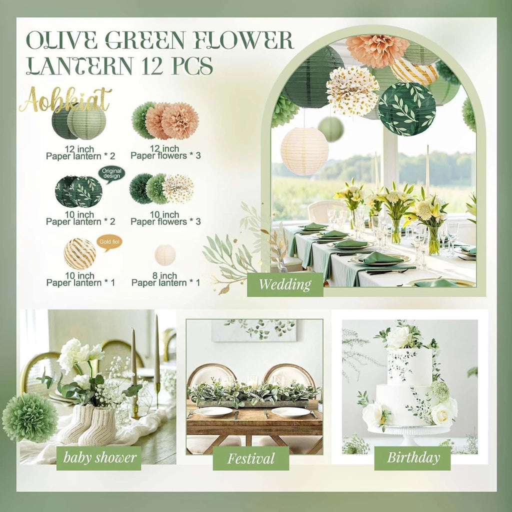 AOBKIAT Wedding Birthday Party Decorations Set,12PCS Olive Green Sage