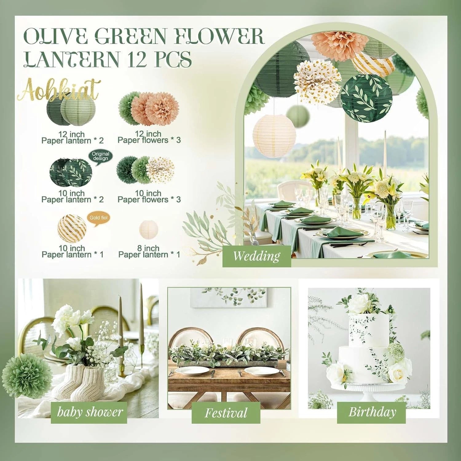 AOBKIAT Wedding Birthday Party Decorations Set,12PCS Olive Green Sage