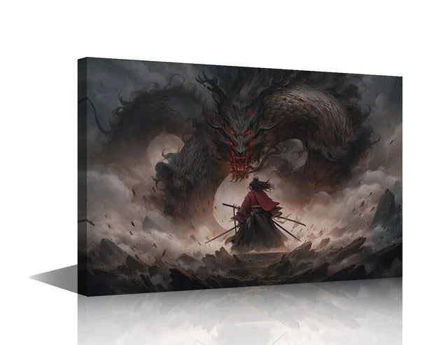 TUMOVO Dragon Samurai Battle Scene Canvas Framed -40 x 60 cm
