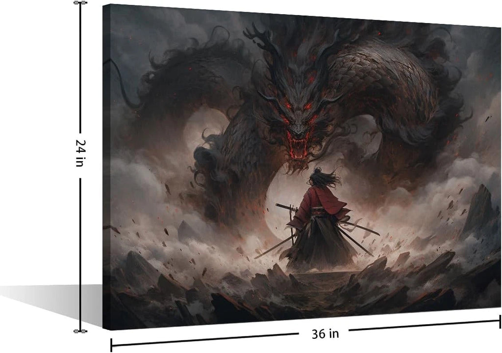 TUMOVO Dragon Samurai Battle Scene Canvas Framed -40 x 60 cm