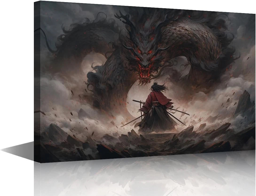 TUMOVO Dragon Samurai Battle Scene Canvas Framed -40 x 60 cm