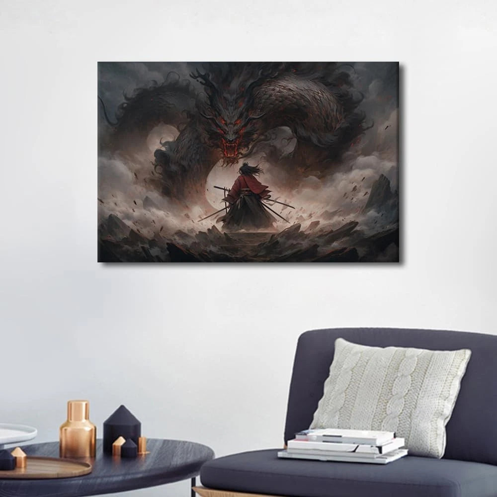TUMOVO Dragon Samurai Battle Scene Canvas Framed -40 x 60 cm
