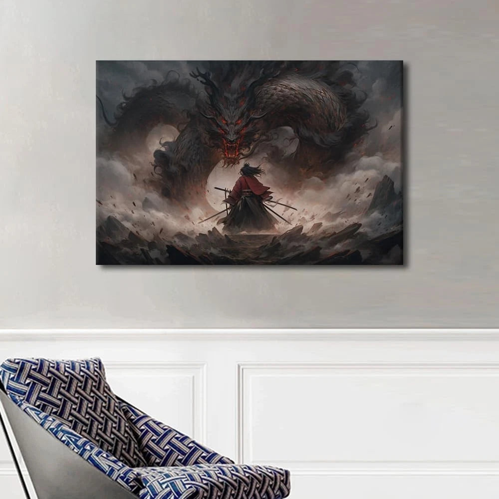 TUMOVO Dragon Samurai Battle Scene Canvas Framed -40 x 60 cm