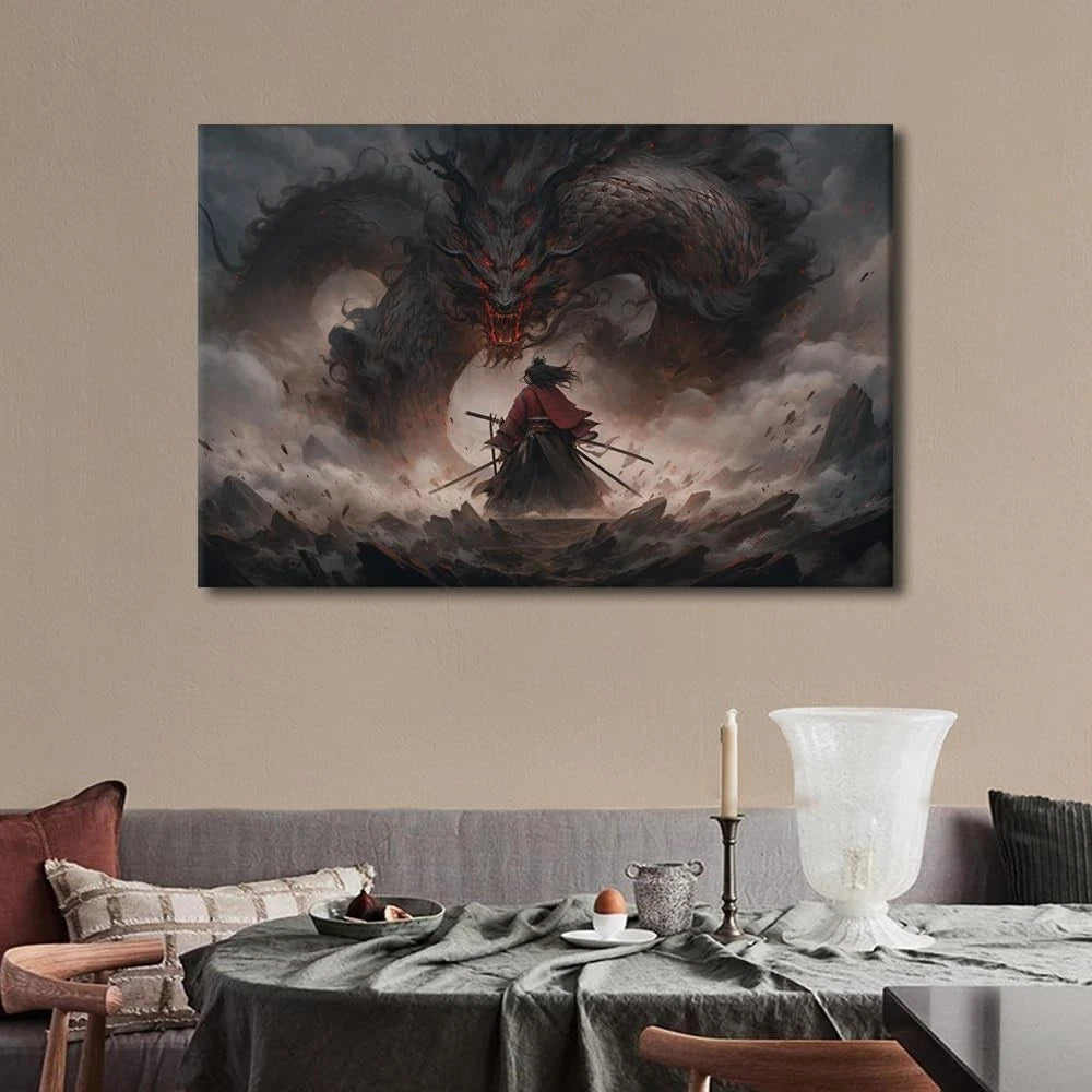 TUMOVO Dragon Samurai Battle Scene Canvas Framed -40 x 60 cm