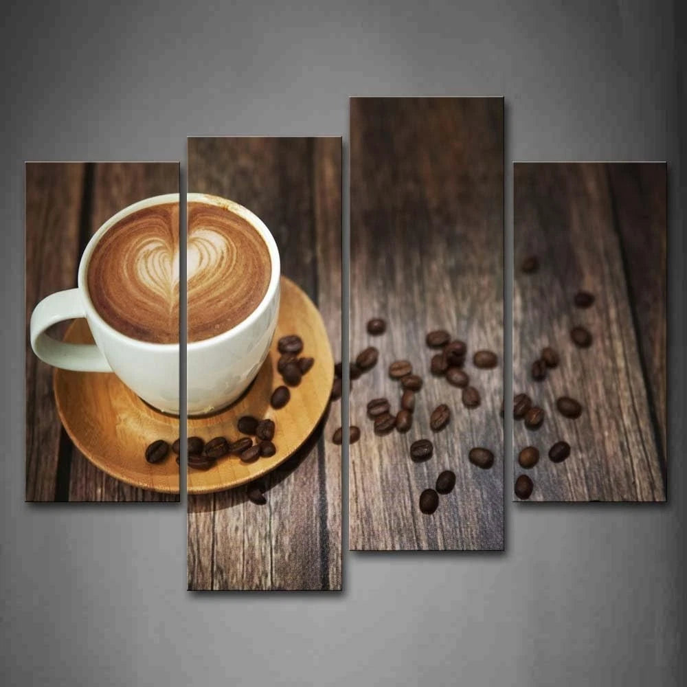 Brown Coffee With Heart Pattern In White Cup Wall Art Canvas Framed(4pcs)