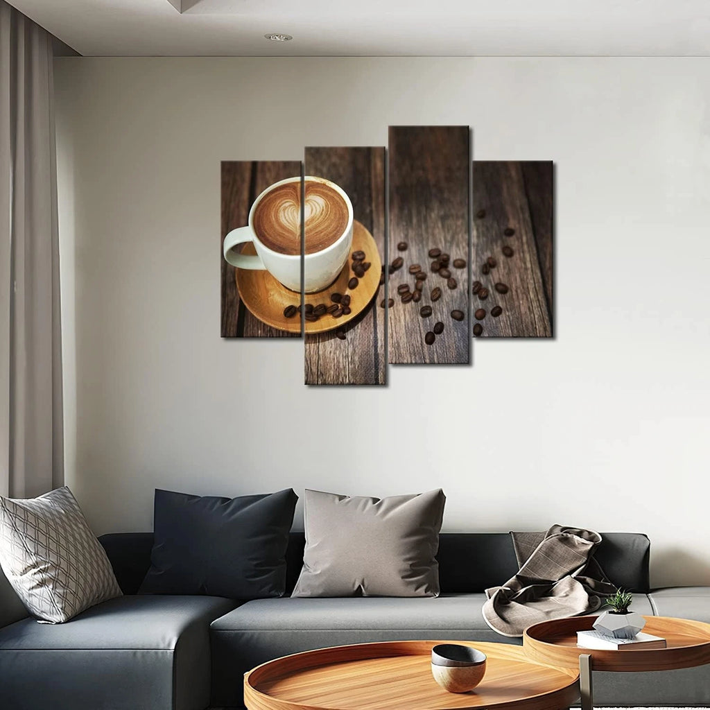 Brown Coffee With Heart Pattern In White Cup Wall Art Canvas Framed(4pcs)