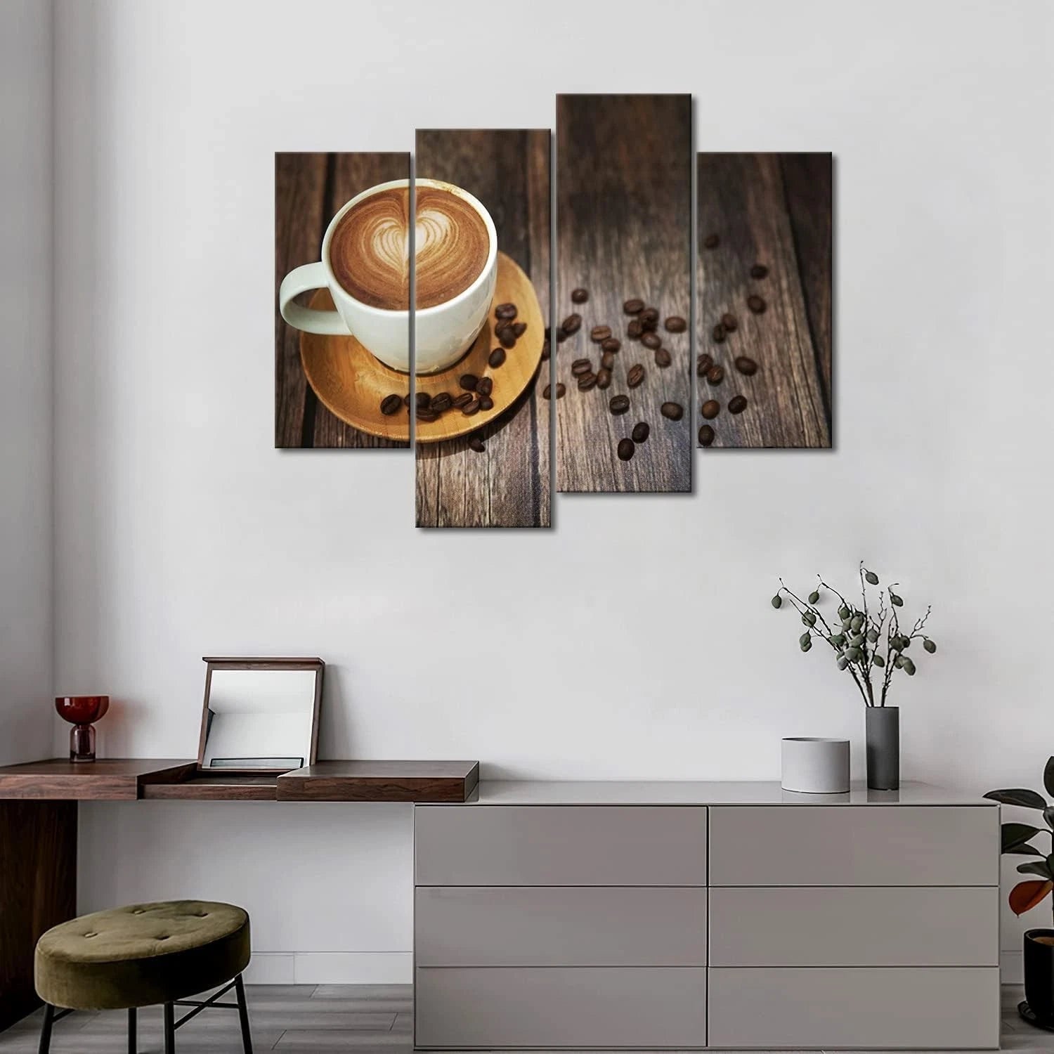 Brown Coffee With Heart Pattern In White Cup Wall Art Canvas Framed(4pcs)