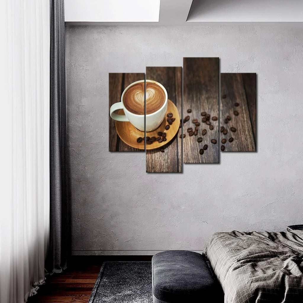 Brown Coffee With Heart Pattern In White Cup Wall Art Canvas Framed(4pcs)