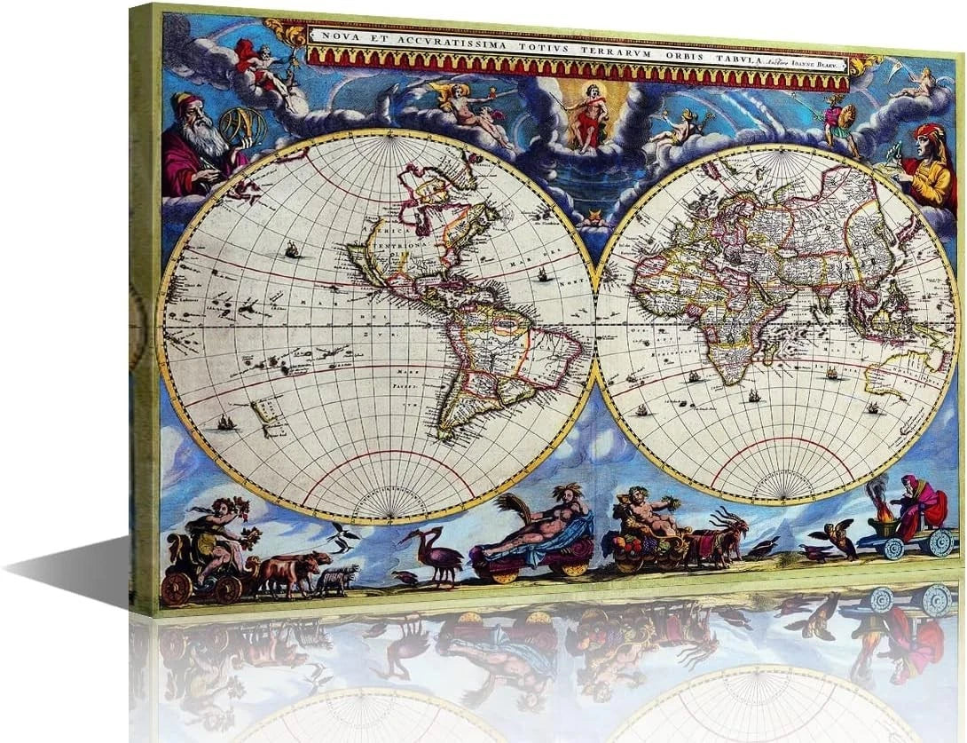 TISHIRON Medieval World Map Paintings on Canvas Framed -40 x 60 cm