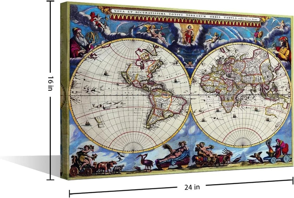 TISHIRON Medieval World Map Paintings on Canvas Framed -40 x 60 cm