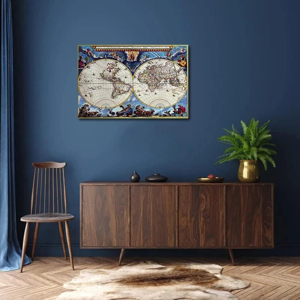 TISHIRON Medieval World Map Paintings on Canvas Framed -40 x 60 cm
