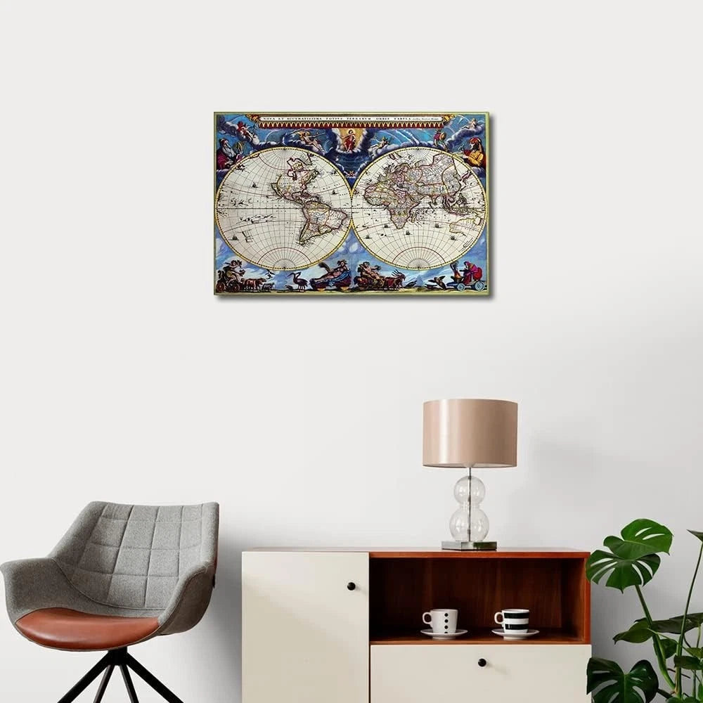 TISHIRON Medieval World Map Paintings on Canvas Framed -40 x 60 cm
