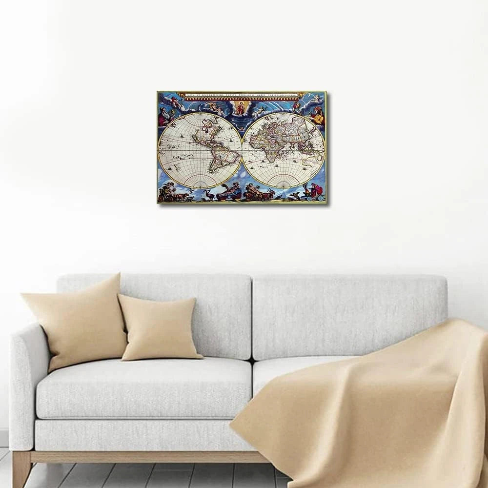 TISHIRON Medieval World Map Paintings on Canvas Framed -40 x 60 cm
