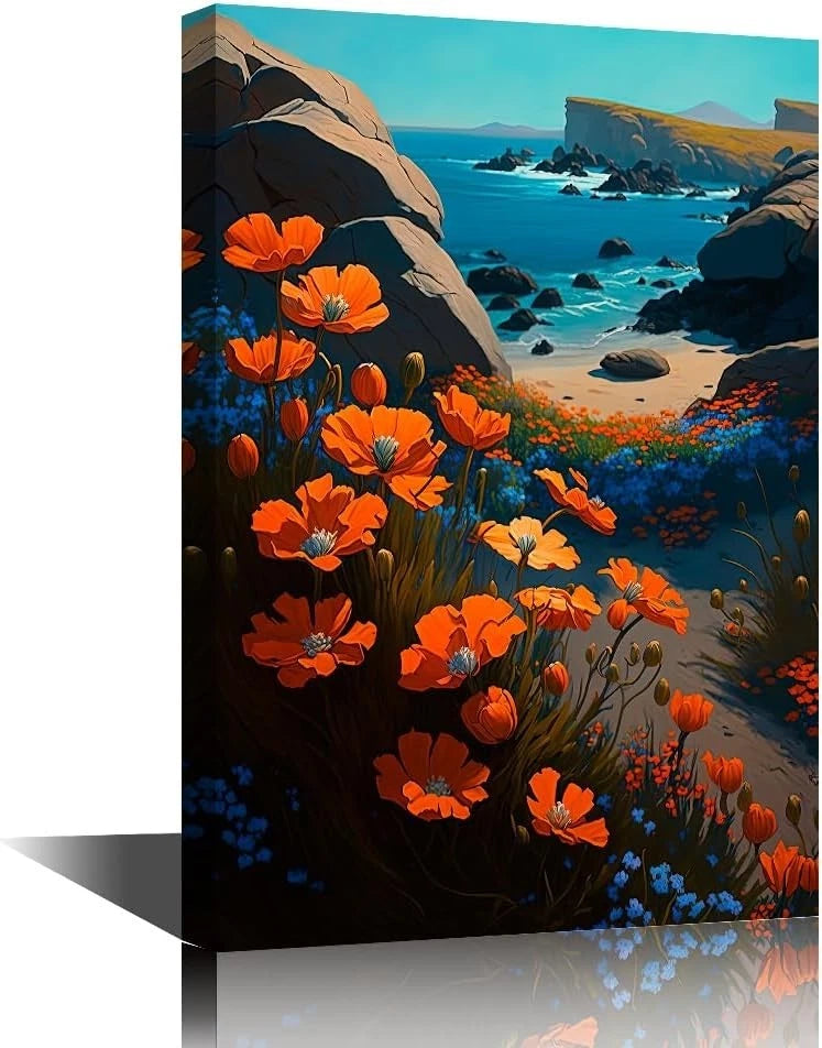 TISHIRON Flower Wall Art Seaside Decor Ocean Landscape Framed Canvas -40 x 60 cm