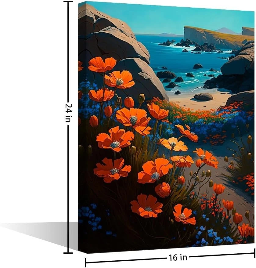 TISHIRON Flower Wall Art Seaside Decor Ocean Landscape Framed Canvas -40 x 60 cm
