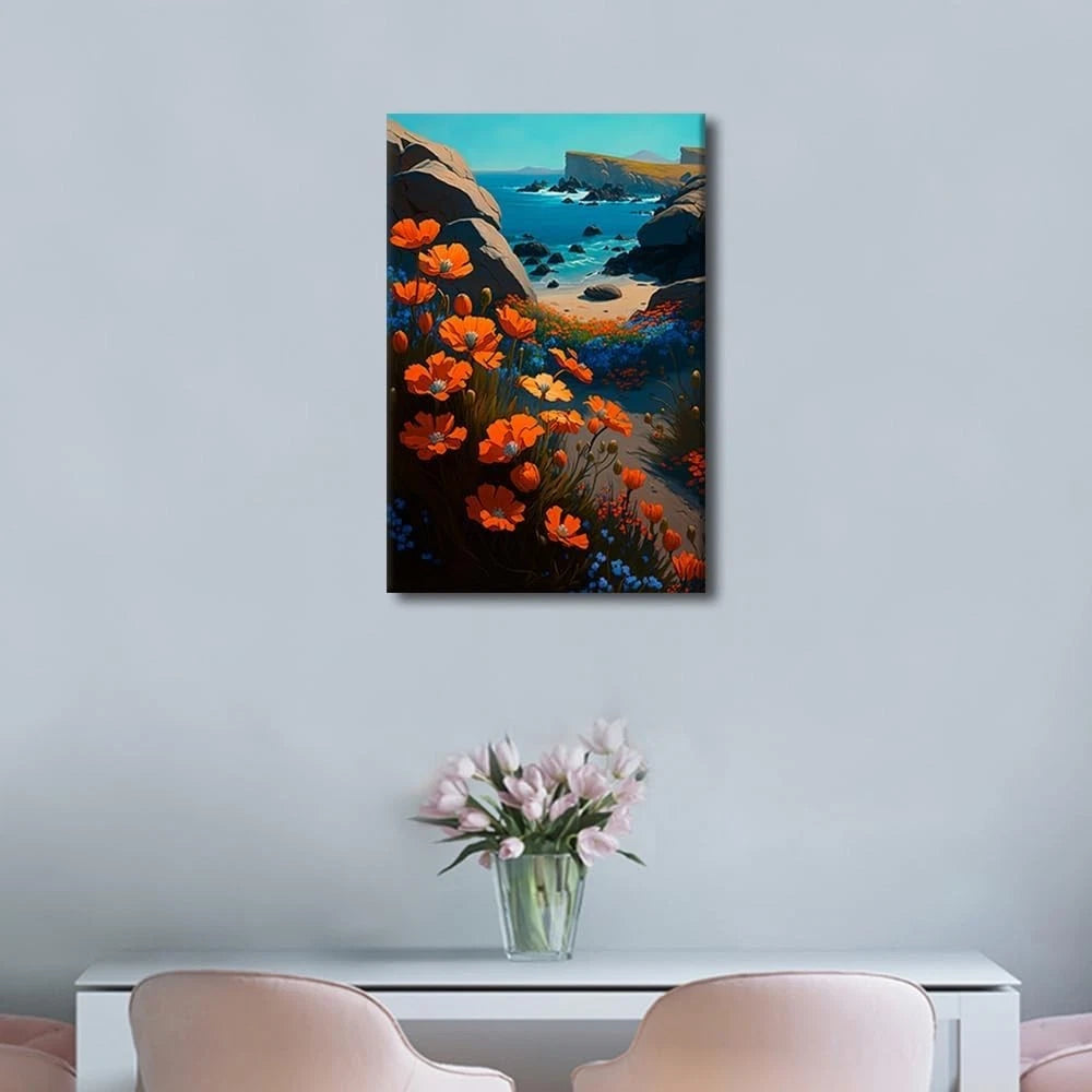 TISHIRON Flower Wall Art Seaside Decor Ocean Landscape Framed Canvas -40 x 60 cm