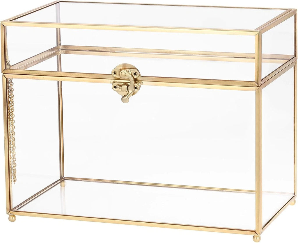 Glass Wedding Card Box with Lock for Wedding Reception, 10" x 6" x 8"- Gold