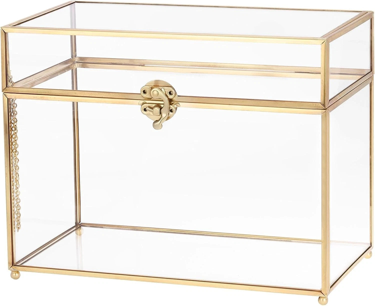 Glass Wedding Card Box with Lock for Wedding Reception, 10" x 6" x 8"- Gold