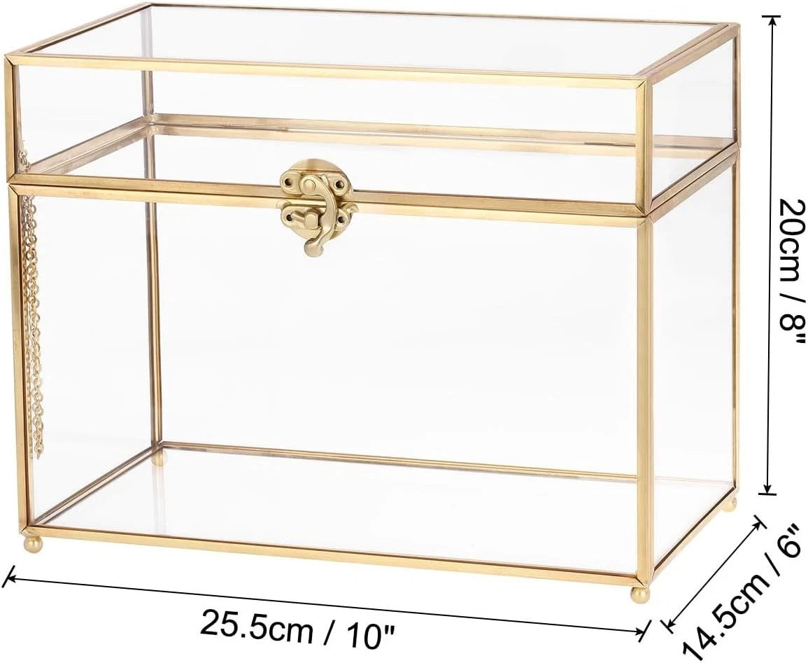 Glass Wedding Card Box with Lock for Wedding Reception, 10" x 6" x 8"- Gold