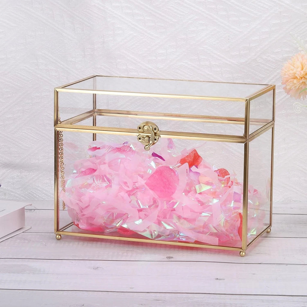 Glass Wedding Card Box with Lock for Wedding Reception, 10" x 6" x 8"- Gold