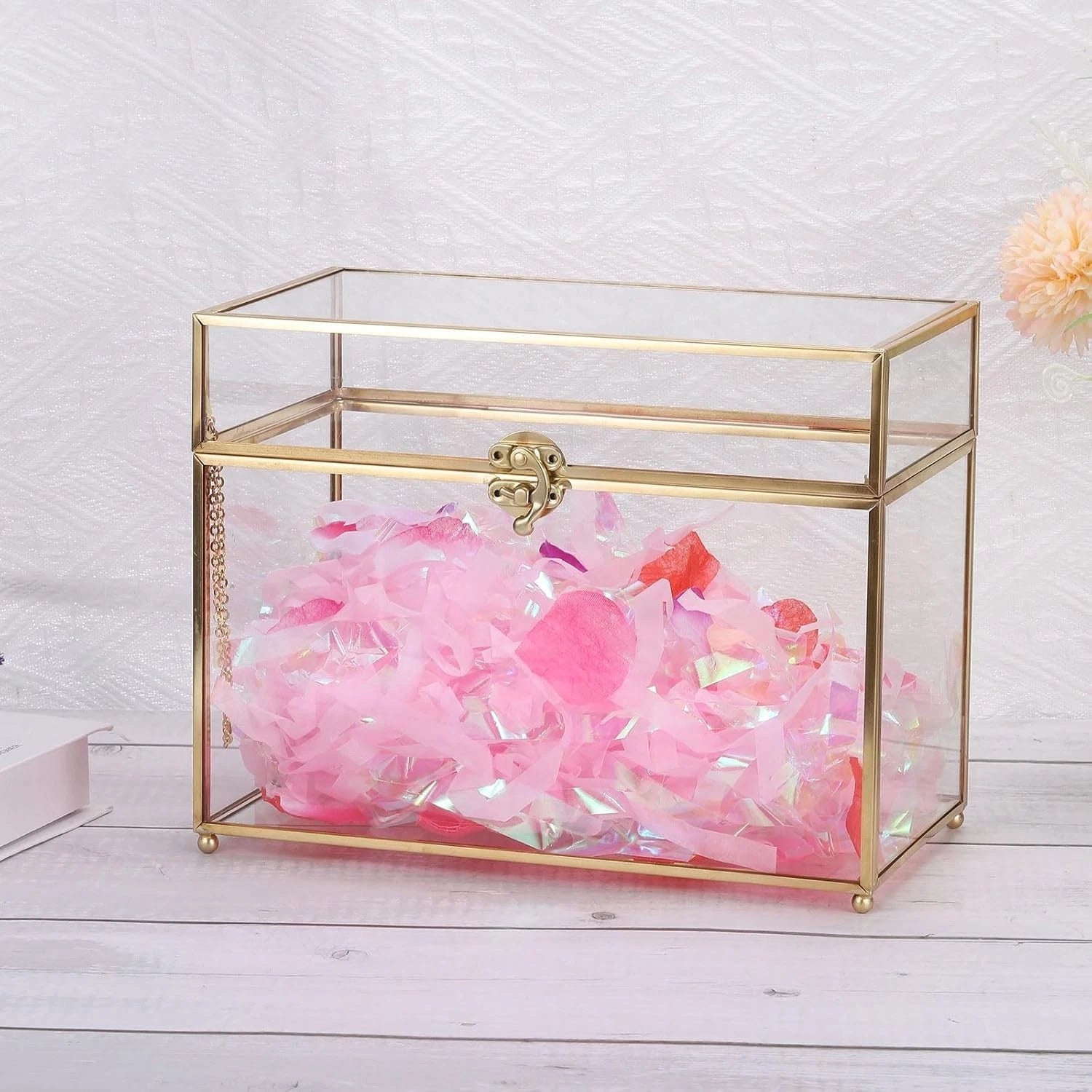 Glass Wedding Card Box with Lock for Wedding Reception, 10" x 6" x 8"- Gold