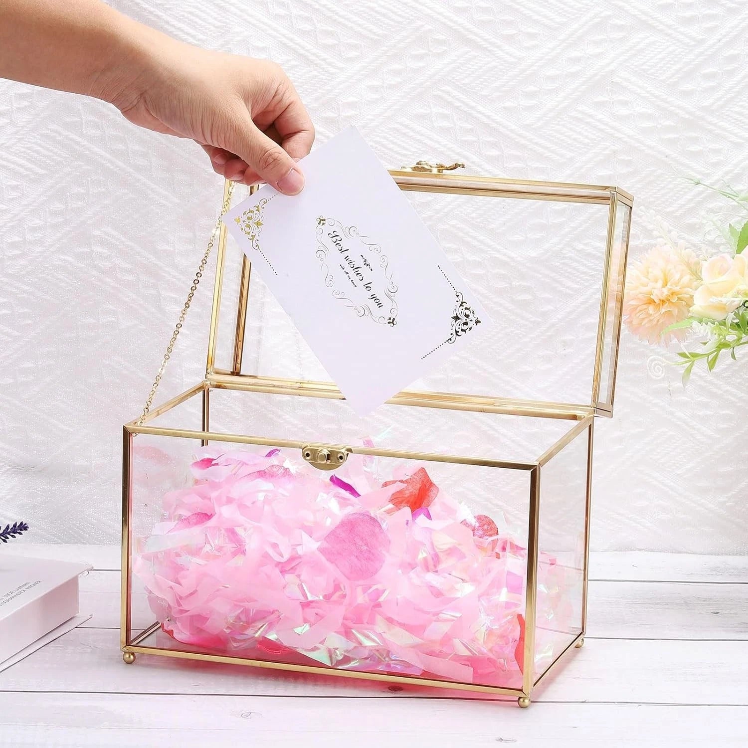 Glass Wedding Card Box with Lock for Wedding Reception, 10" x 6" x 8"- Gold