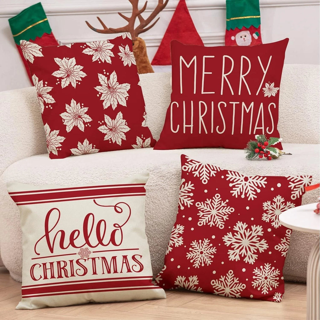 Set of 4 Christmas Cushion Covers- Beige,Red,Snowflakes,Poinsettia-45 x 45cm