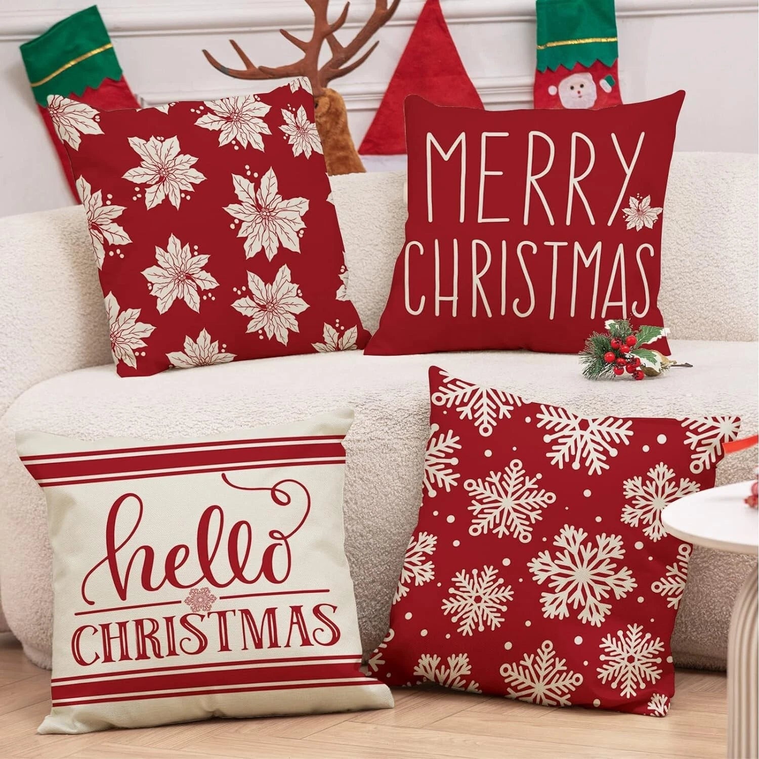 Set of 4 Christmas Cushion Covers- Beige,Red,Snowflakes,Poinsettia-45 x 45cm