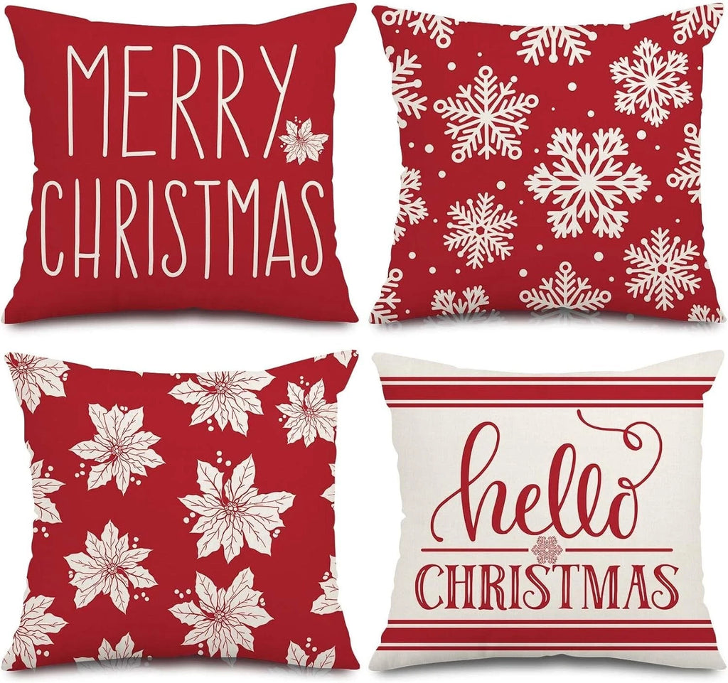 Set of 4 Christmas Cushion Covers- Beige,Red,Snowflakes,Poinsettia-45 x 45cm