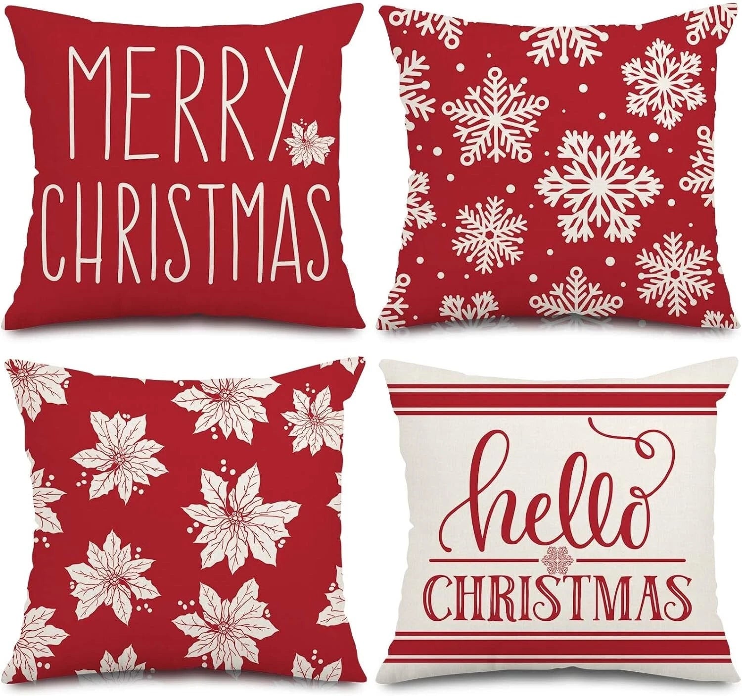 Set of 4 Christmas Cushion Covers- Beige,Red,Snowflakes,Poinsettia-45 x 45cm
