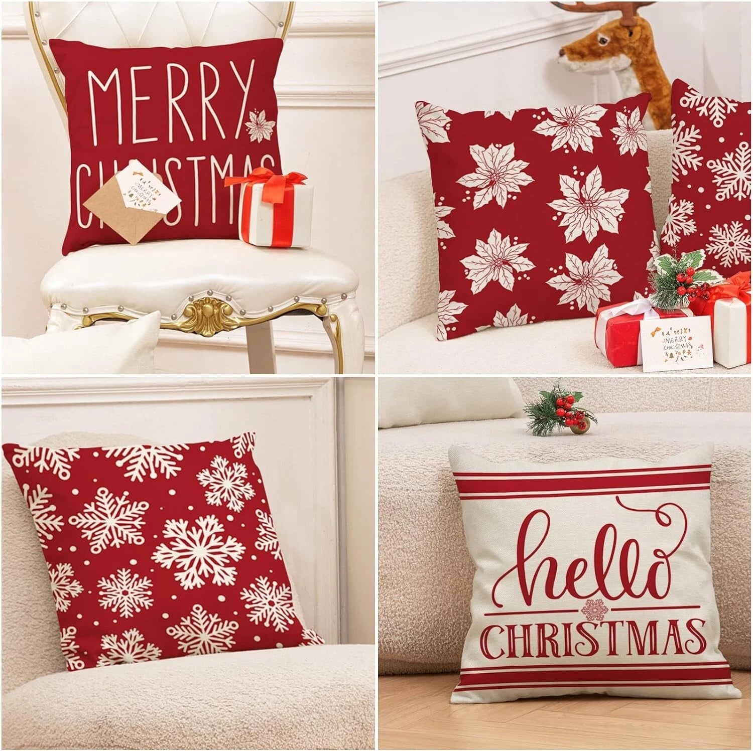 Set of 4 Christmas Cushion Covers- Beige,Red,Snowflakes,Poinsettia-45 x 45cm