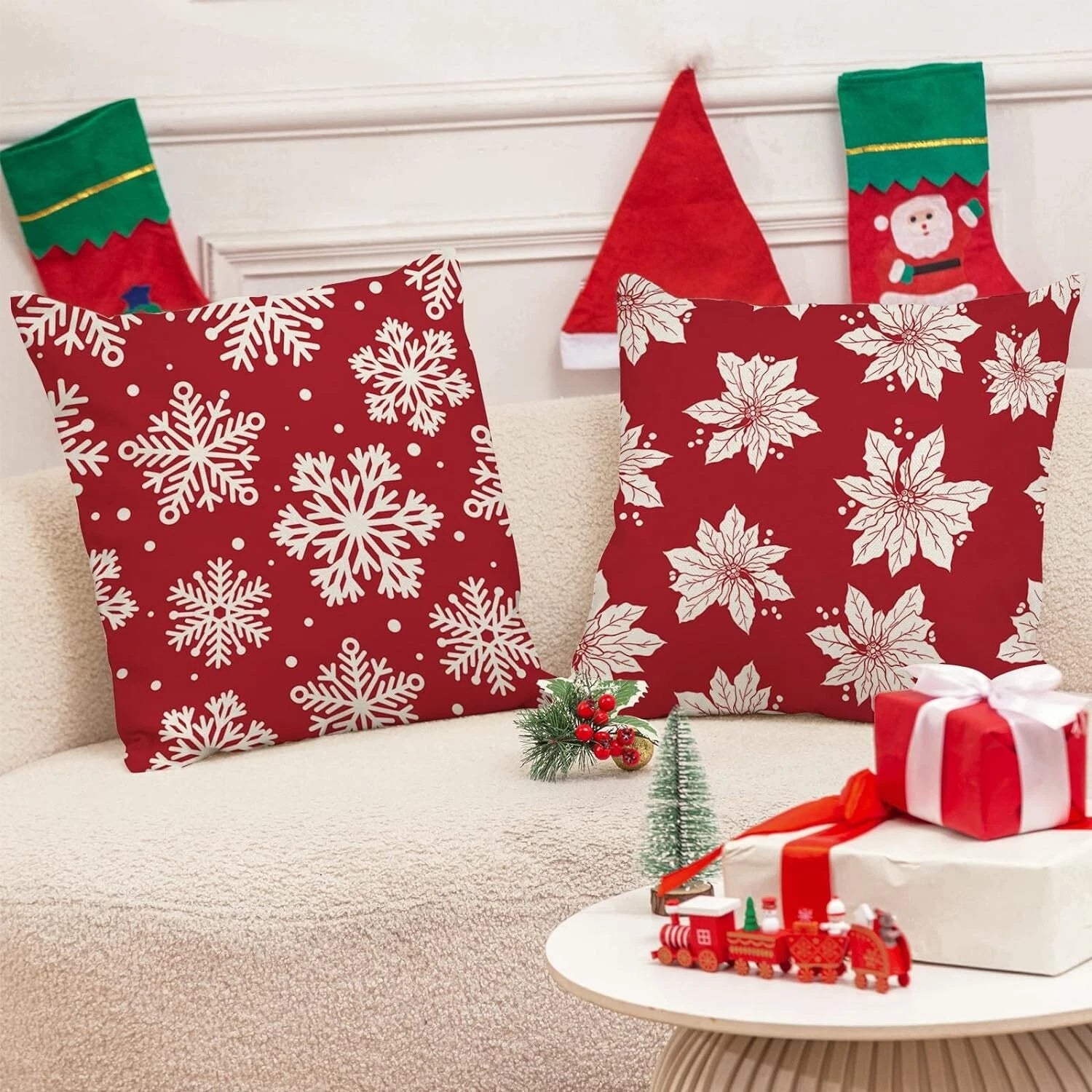 Set of 4 Christmas Cushion Covers- Beige,Red,Snowflakes,Poinsettia-45 x 45cm