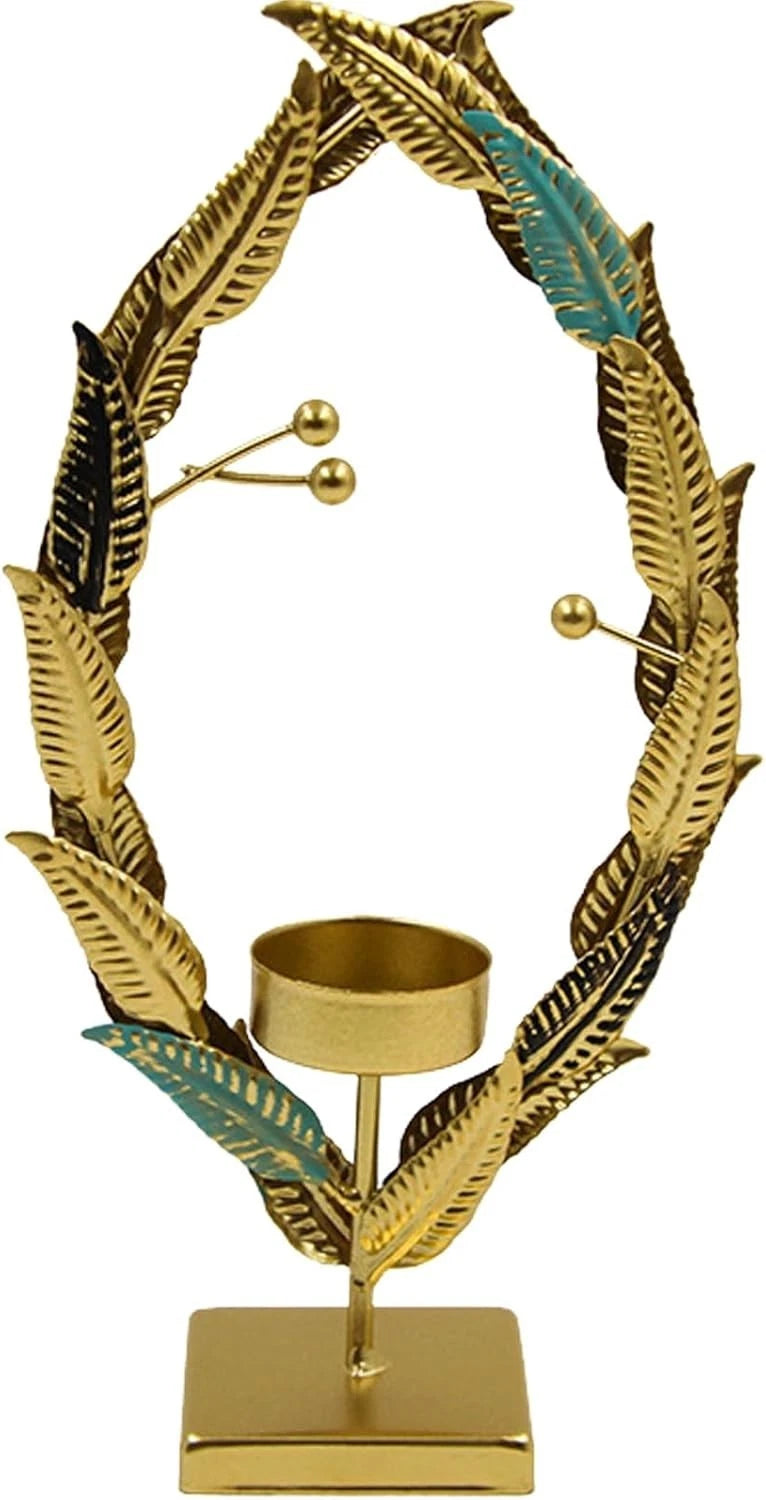 Candlestick Golden Iron Art Candle Holder, Oval Wheat Stalk Candle Holder