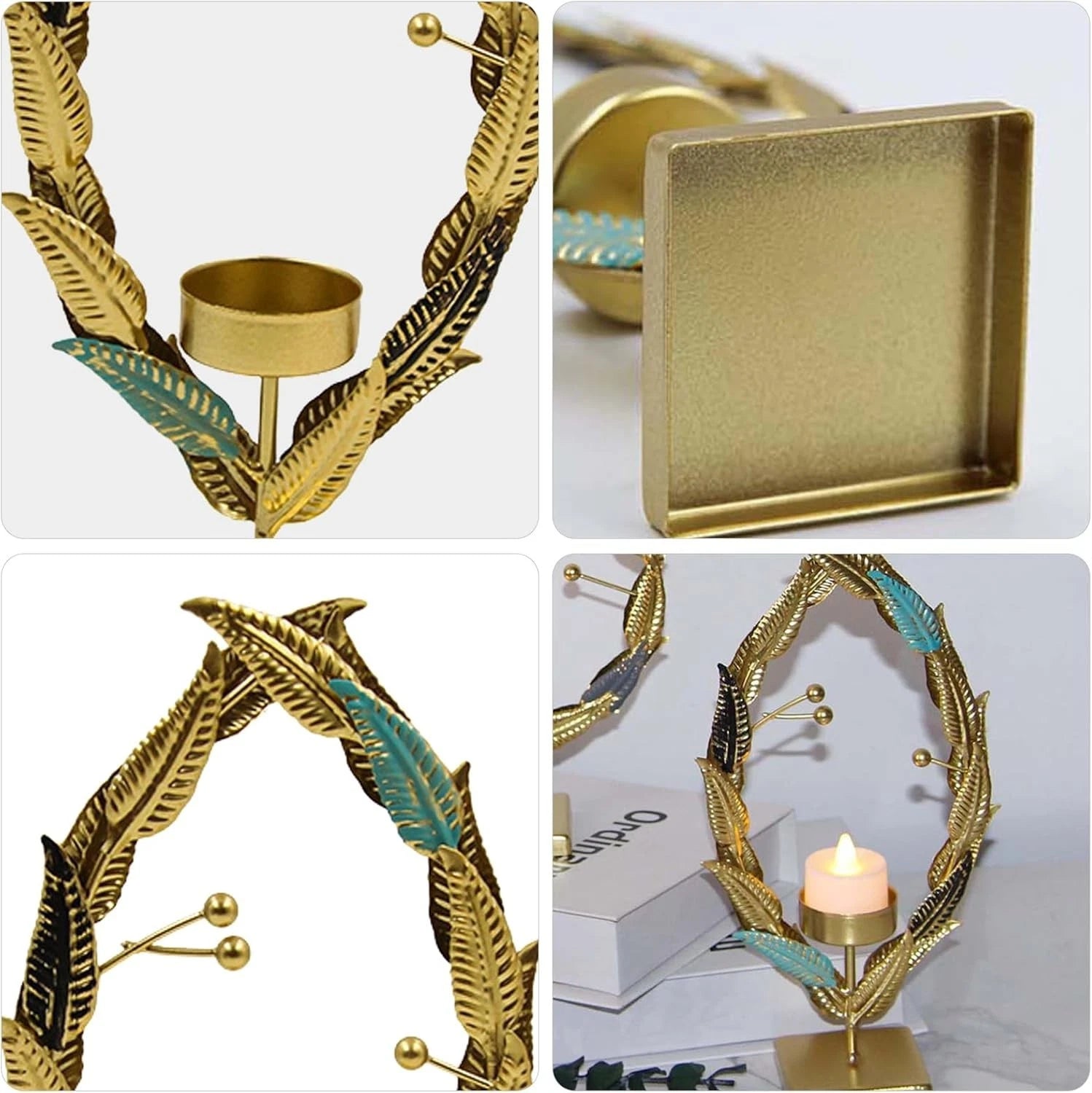 Candlestick Golden Iron Art Candle Holder, Oval Wheat Stalk Candle Holder