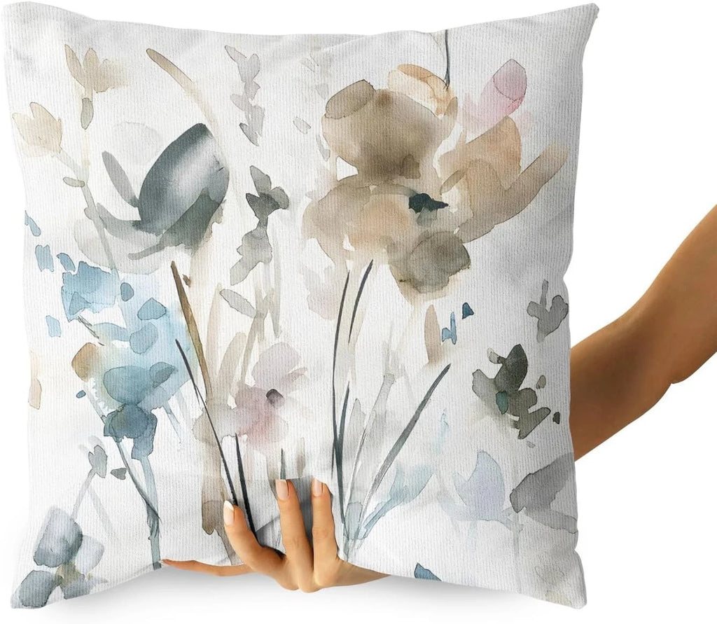 Snylcce Brown Cream Grey Teal Floral Cushion Covers - 45cm x 45cm