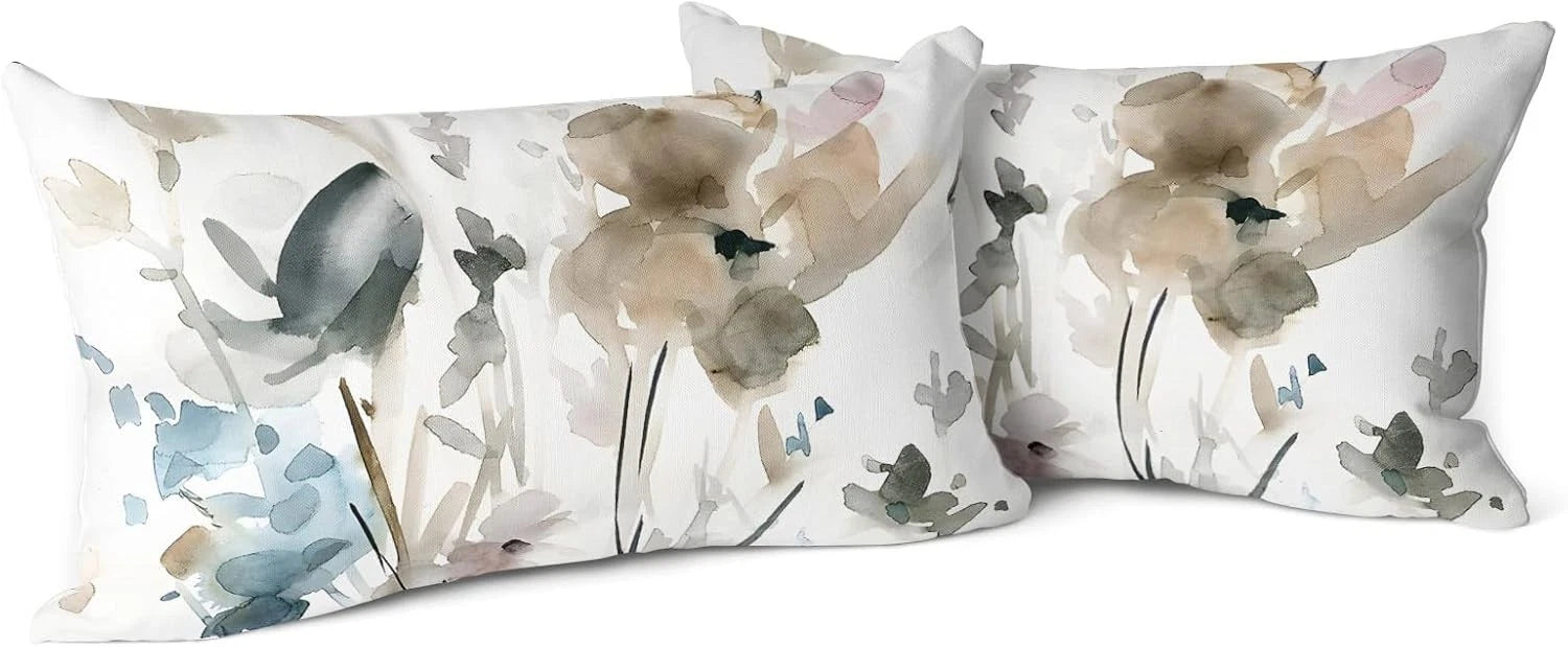 Snylcce Brown Cream Grey Teal Floral Cushion Covers - 30cm x 50cm
