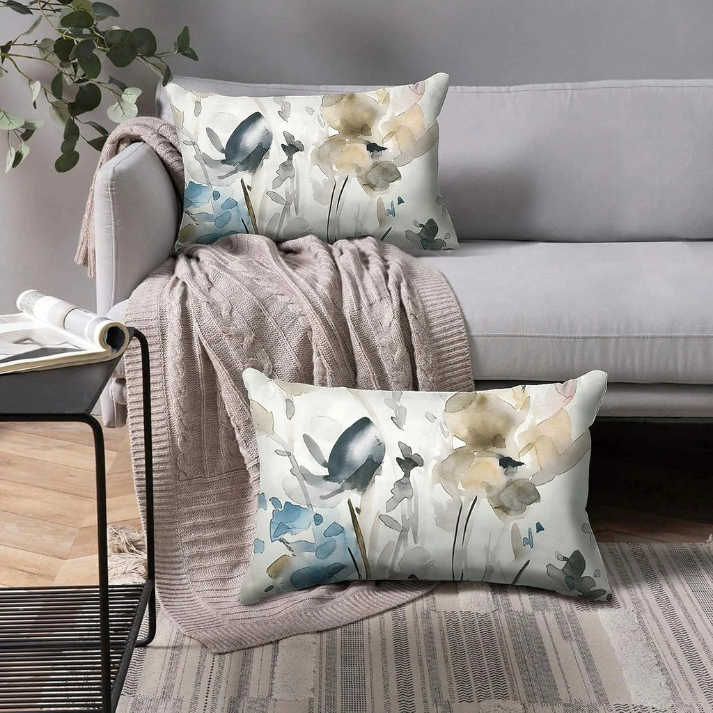 Snylcce Brown Cream Grey Teal Floral Cushion Covers - 30cm x 50cm