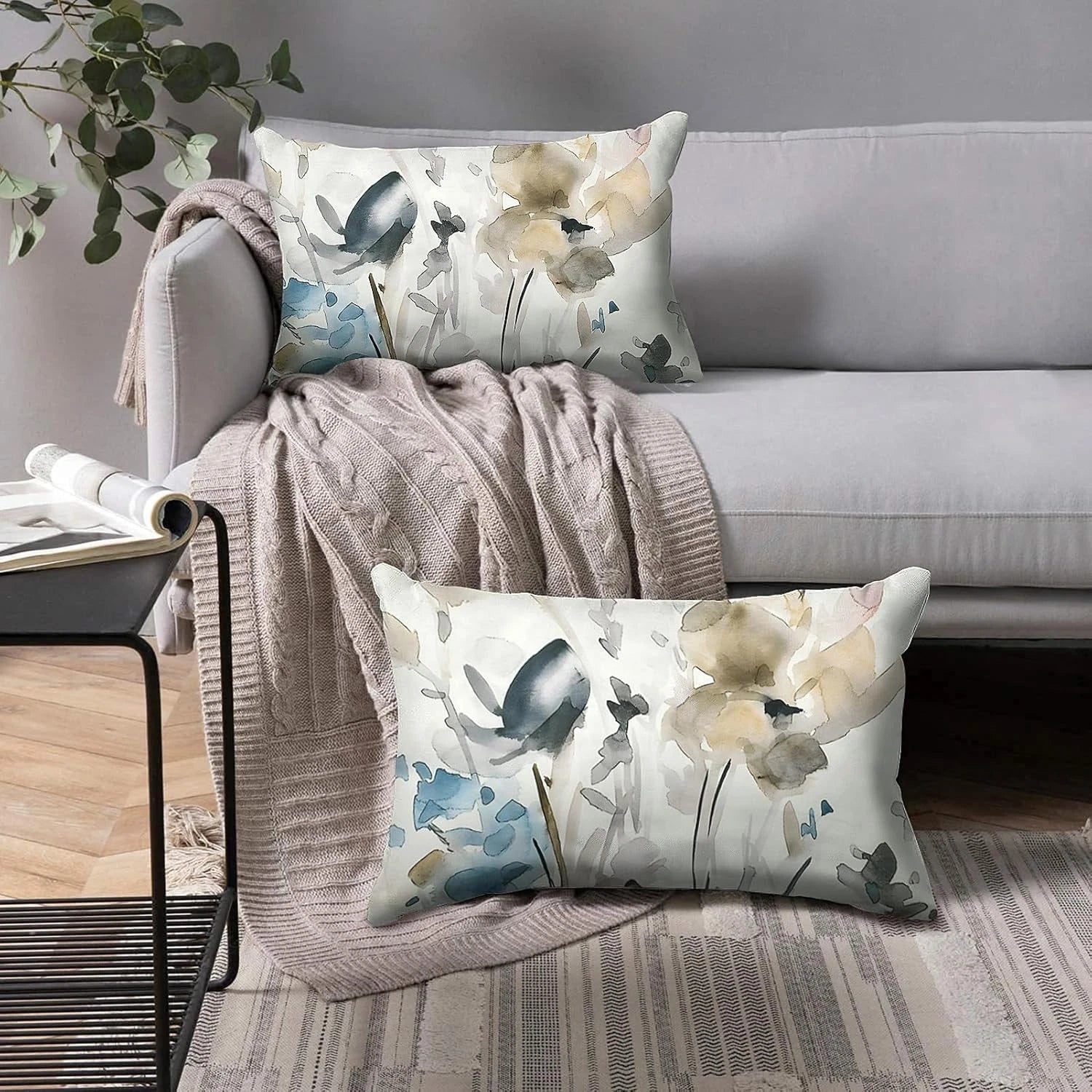Snylcce Brown Cream Grey Teal Floral Cushion Covers - 30cm x 50cm