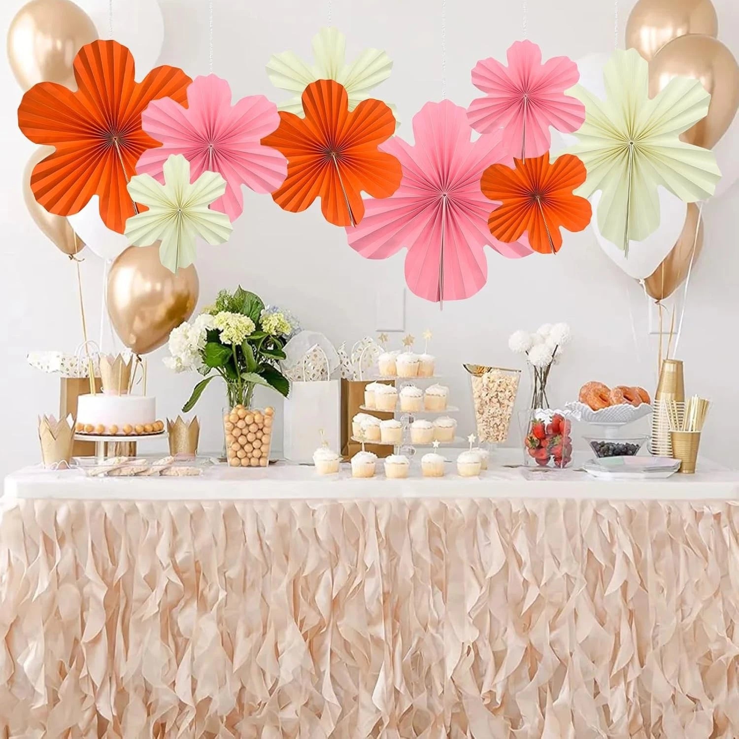 Zueyen 9PCS Paper Flowers Decorations for Wall- Orange, Pink & Off White